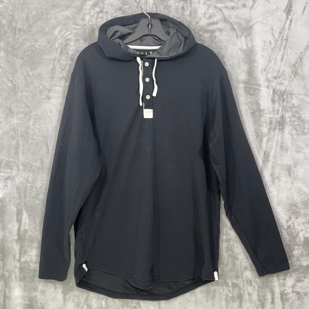 BYLT Mens Shirt Large Black Drop Cut L/S Hooded Henley Lux Soft Tee Casual
